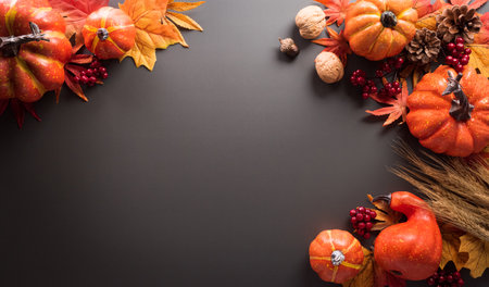 Thanksgiving and Autumn decoration concept made from autumn leaves and pumpkin on dark background. Flat lay, top view with copy space.の写真素材