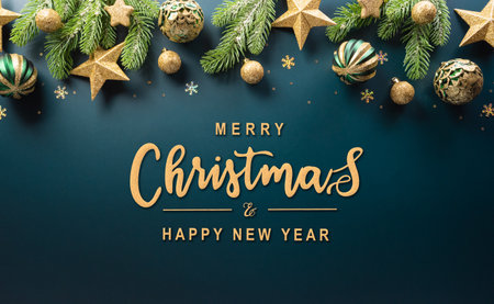 Christmas and new year background concept. Top view of Christmas ball, christmas brance, star and snowflake on dark background.の写真素材