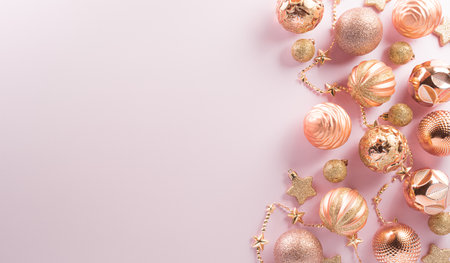 Christmas and new year background concept. Top view of Christmas ball, star and snowflake on pastel pink background.の写真素材
