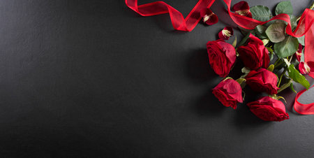 Love and Valentine's day concept made from red rose and gift box on black wooden background. Top view with copy space, flat lay.の写真素材