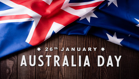 Happy Australia day concept. Australian flag against old wooden background. 26 January.の写真素材