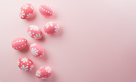 Happy easter! Colourful Easter eggs on pastel background. Decoration concept for greetings and presents on Easter Day celebrate time.の写真素材