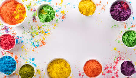 Happy Holi decoration, the indian festival.Top view of colorful holi powder on white background.の写真素材