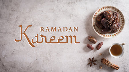 Ramadan food and drinks concept. Ramadan tea and dates fruits with the text on dark background.の写真素材