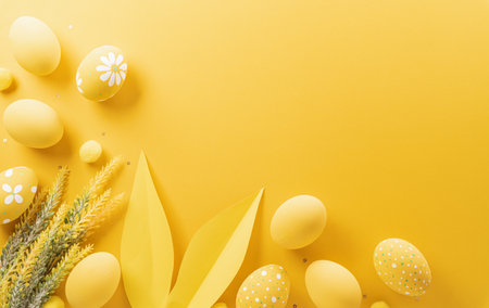 Happy easter! Colourful Easter eggs on yellow background. Decoration concept for greetings and presents on Easter Day celebrate time.の写真素材