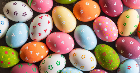 Happy easter! Colourful of Easter eggs in on gray wooden background.の写真素材