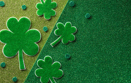 Happy St Patrick's Day decoration concept made from shamrocks ( clover leaf) on green background.