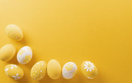 Happy easter! Colourful Easter eggs on yellow background. Decoration concept for greetings and presents on Easter Day celebrate time.の写真素材