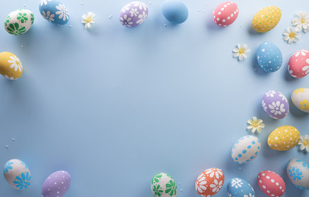 Happy easter! Colourful Easter eggs on pastel background. Decoration concept for greetings and presents on Easter Day celebrate time.の写真素材