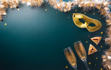 Happy Purim carnival decoration concept made from golden mask star and glitter on dark background. (Happy Purim in Hebrew, jewish holiday celebrate)の写真素材