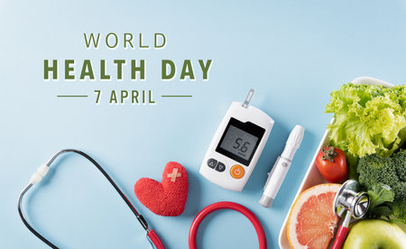 Top view of healthy food in plate with stethoscope and red heart for cholesterol diet and diabetes control. World health day and medical concept.の写真素材