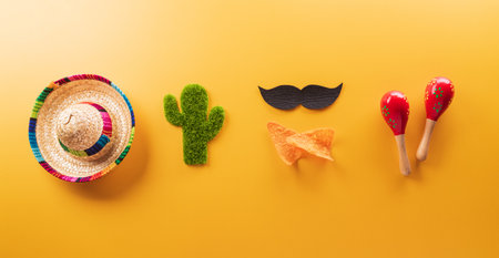 Cinco de Mayo holiday background made from maracas, cactus and hat on yellow background.の写真素材