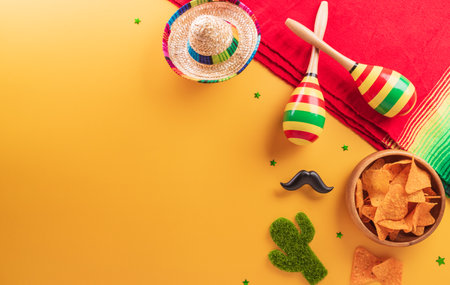 Cinco de Mayo holiday background made from maracas, mexican blanket stripes or poncho serape, cactus and hat on yellow background.の写真素材