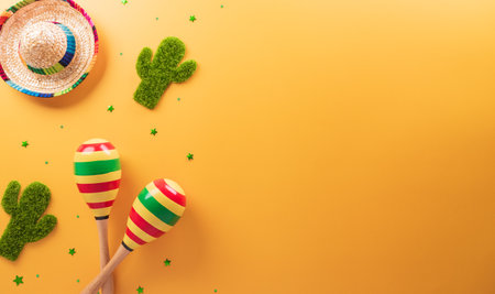 Cinco de Mayo holiday background made from maracas, cactus and hat on yellow background.の写真素材