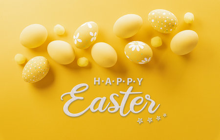 Happy easter! Colourful Easter eggs on yellow background. Decoration concept for greetings and presents on Easter Day celebrate time.の写真素材