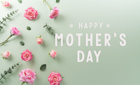 Happy Mother's day and Women's Day decoration concept made from flower and the text on pastel background.の写真素材
