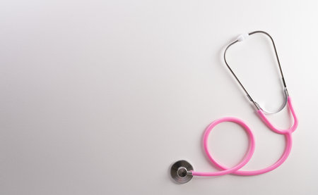 Top view of doctor stethoscope on white background. International nurse day and medical concept.の写真素材