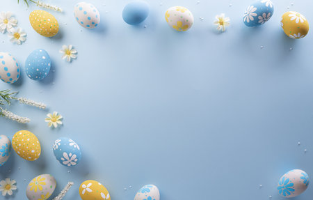 Happy easter! Colourful Easter eggs on pastel background. Decoration concept for greetings and presents on Easter Day celebrate time.の写真素材