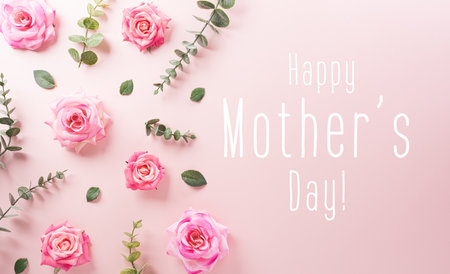 Happy Mother's day and Women's Day decoration concept made from flower and the text on pastel background.の写真素材