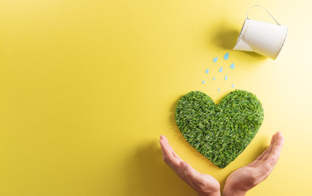 Hands holding green heart with watering on yellow background. World environment day, earth day, save earth and eco concept.の写真素材