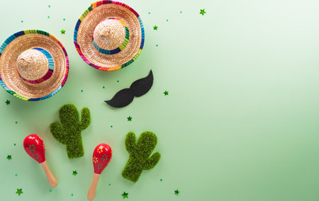 Cinco de Mayo holiday background made from maracas, mexican blanket stripes or poncho serape, cactus and hat on pastel background.の写真素材