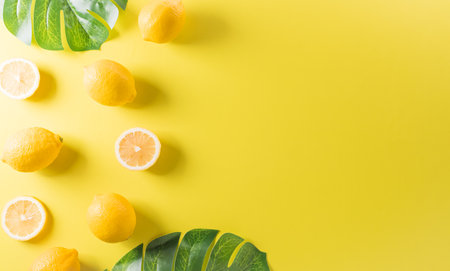 Summer composition made from oranges, lemon or lime on pastel yellow background. Fruit minimal concept. Flat lay, top view, copy space.の写真素材