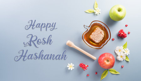 Rosh hashanah (Jewish New Year holiday), Concept of traditional or religion symbols on pastel background.の写真素材