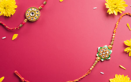 Raksha Bandhan, Indian festival with beautiful Rakhi, Rice Grains and flower. A traditional Indian wrist band which is a symbol of love between Sisters and Brothersの写真素材