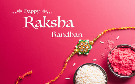 Raksha Bandhan, Indian festival with beautiful Rakhi and Rice Grains. A traditional Indian wrist band which is a symbol of love between Sisters and Brothersの写真素材