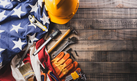 Happy Labor day concept. American flag with different construction tools on dark wooden background.の写真素材