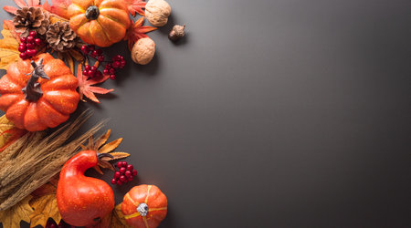 Thanksgiving and Autumn decoration concept made from autumn leaves and pumpkin on dark background. Flat lay, top view with copy space.の写真素材