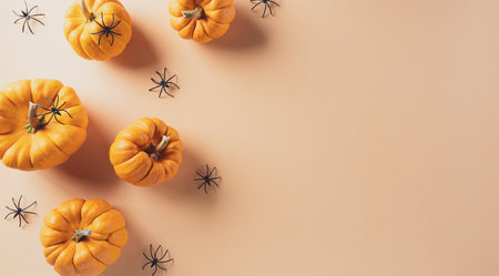 Halloween decorations made from pumpkin and black spider on pastel orange background. Flat lay, top view with copy space for text.の写真素材