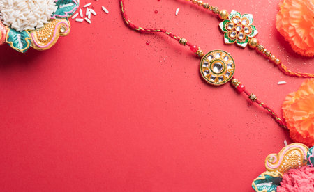 Raksha Bandhan, Indian festival with beautiful Rakhi and Rice Grains.  A traditional Indian wrist band which is a symbol of love between Sisters and Brothers.の写真素材
