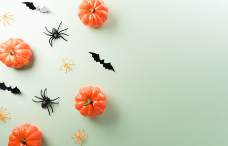 Halloween decorations made from pumpkin, paper bats, black spider on pastel orange backgroundの写真素材