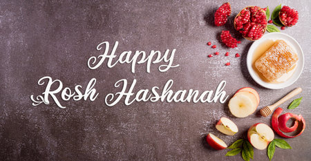 Rosh hashanah (Jewish New Year holiday), Concept of traditional or religion symbols on dark stone background.の写真素材