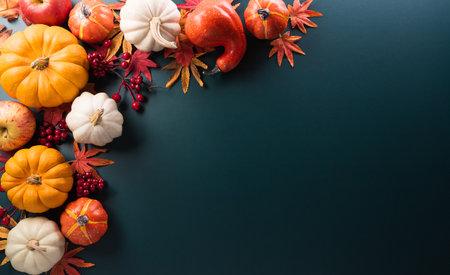 Thanksgiving and Autumn decoration concept made from autumn leaves and pumpkin on dark background. Flat lay, top view with copy space.の写真素材