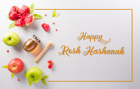 Rosh hashanah (jewish New Year holiday), Concept of traditional or religion symbols with the text on pastel background.の写真素材