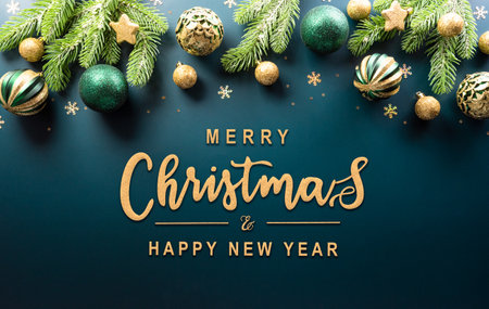 Christmas and new year background concept. Top view of Christmas ball, christmas brance, star and snowflake on dark background.の写真素材