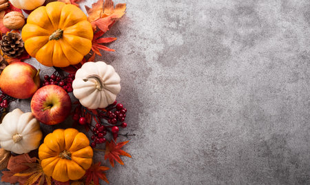 Thanksgiving and Autumn decoration concept made from autumn leaves and pumpkin on stone background. Flat lay, top view with copy space.の写真素材