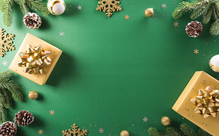 Christmas and new year background concept. Top view of Christmas gift box, christmas ball and snowflake on green background.の写真素材