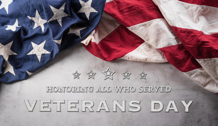 Happy Veterans day concept made from American flag and the text on dark wooden background.の写真素材