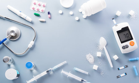 Healthcare and medical concept, Top view of blood glucose meter sets and stethoscope on pastel blue background. World Diabetes day, 14 November.の写真素材