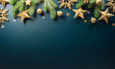 Christmas and new year background concept. Top view of Christmas ball, christmas brance, star and snowflake on dark background.の写真素材