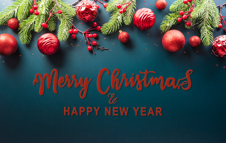 Christmas and new year background concept. Top view of Christmas ball, christmas brance, star and snowflake on dark background.の写真素材