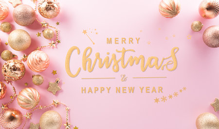 Christmas and new year background concept. Top view of Christmas ball, star and snowflake on pastel pink background.の写真素材