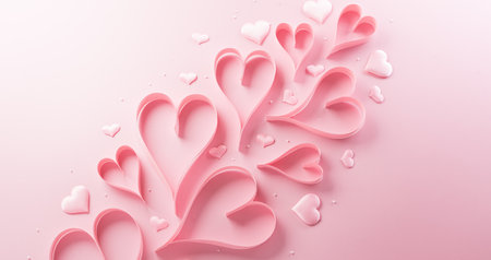 Love and Valentine's day concept made from pink paper hearts on pastel background.の写真素材