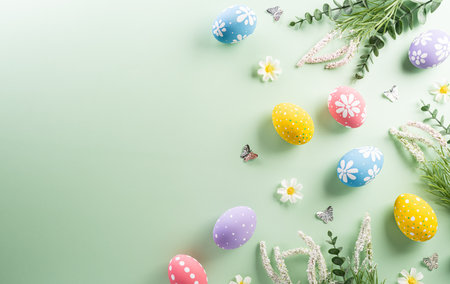 Easter party concept. Top view of easter bunny ears and colorful eggs on pastel background with copyspace for the text.の写真素材