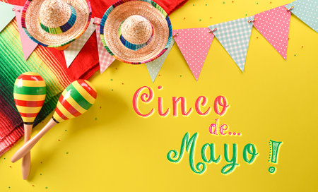 Cinco de Mayo holiday background made from maracas, mexican blanket stripes or poncho serape and hat...