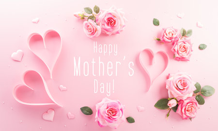 Mother day, Love , Valentine's and women's day concept made from pink paper hearts and roses on pastel background.の写真素材