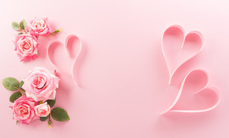 Love, Valentine, mother and women's day concept made from pink paper hearts, roses and the text on pastel background.の写真素材